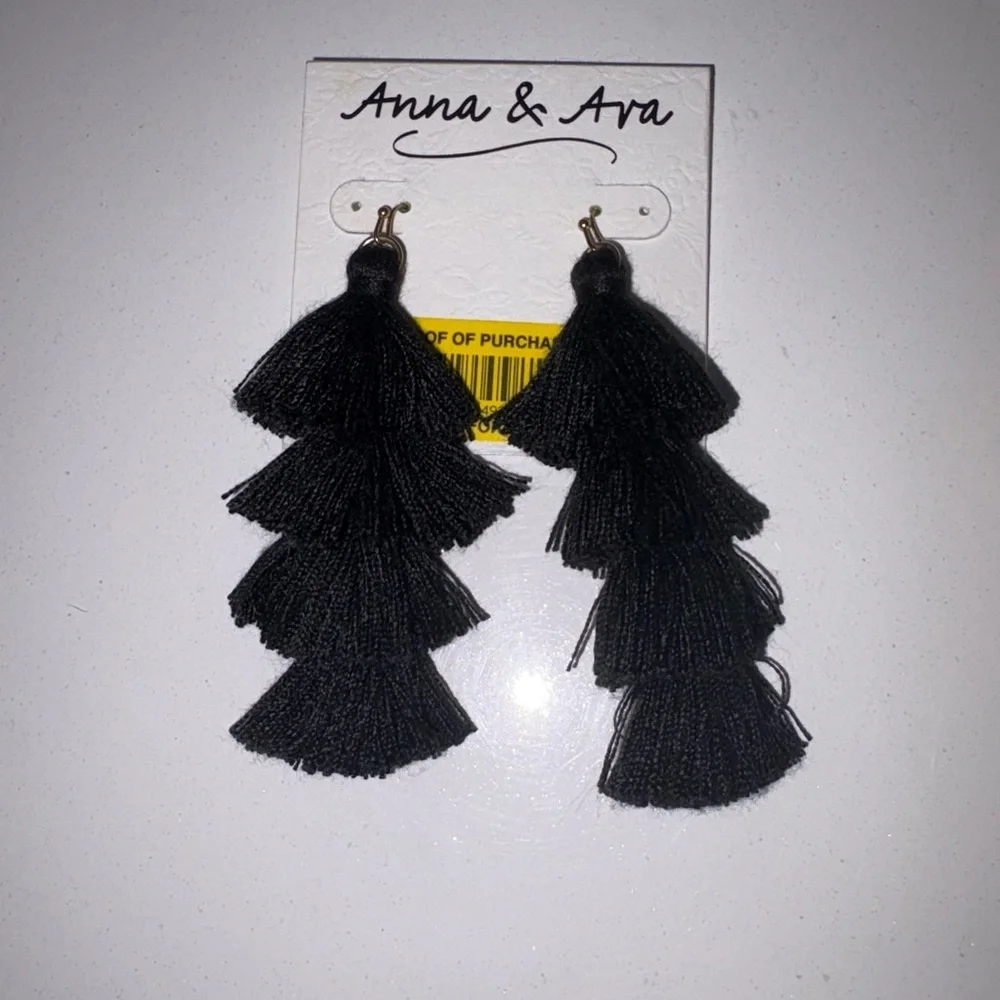 Anna & Ava Black Tiered Tassel Earrings NWT